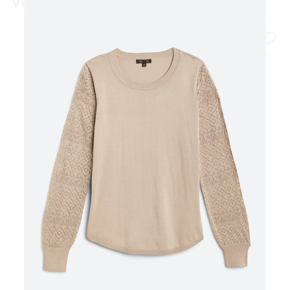 Lety & Me Vittoria Pointelle Sleeve Scoop-Neck Sweater, Beige, XL